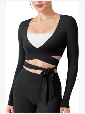Wrap Crop Top Long Sleeve V-Neck Tie Dance Yoga Pilates Blouse